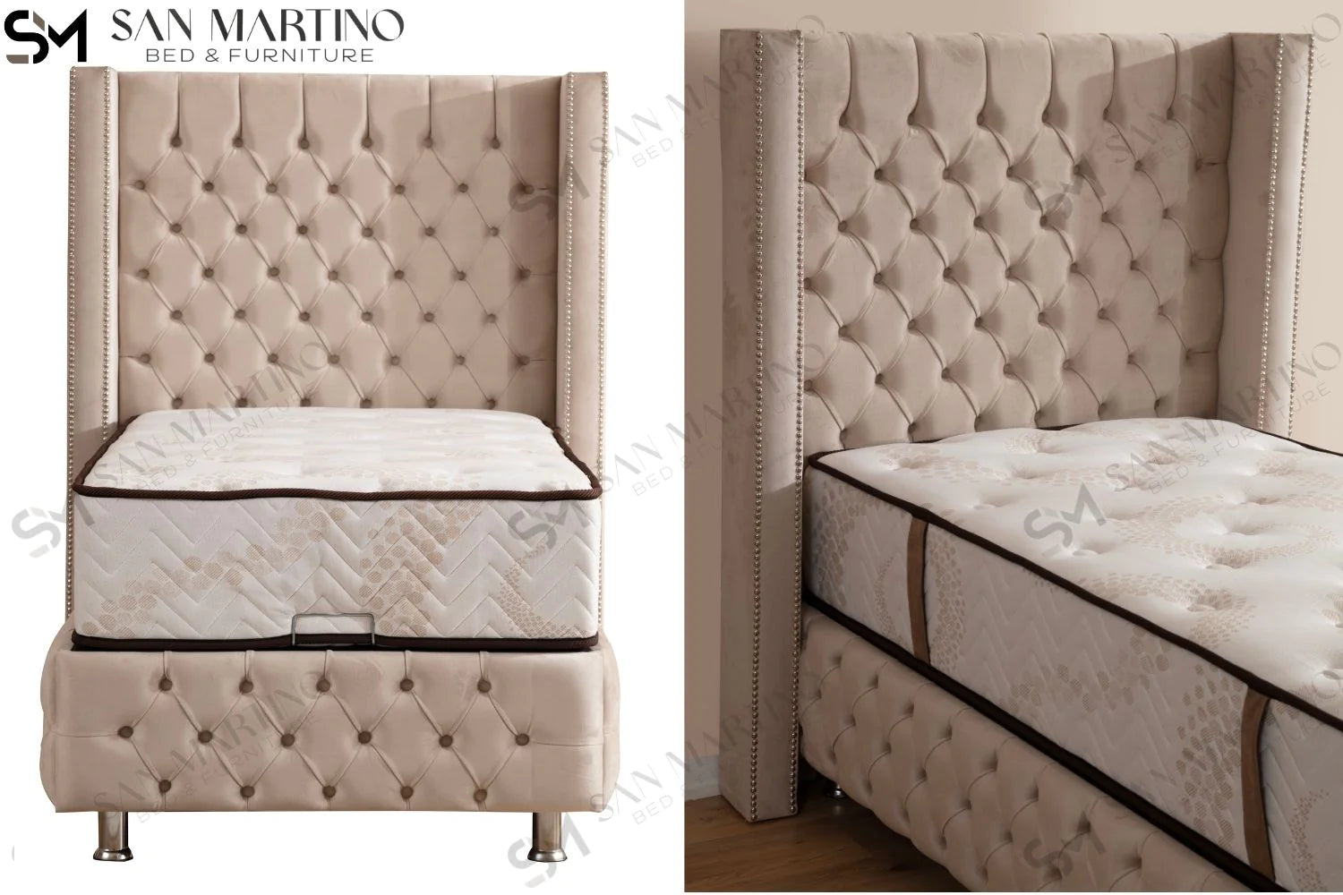 Lit double coffre en Velours – CLOUTÉ 1 PLACE BEIGE - Möbel Unique