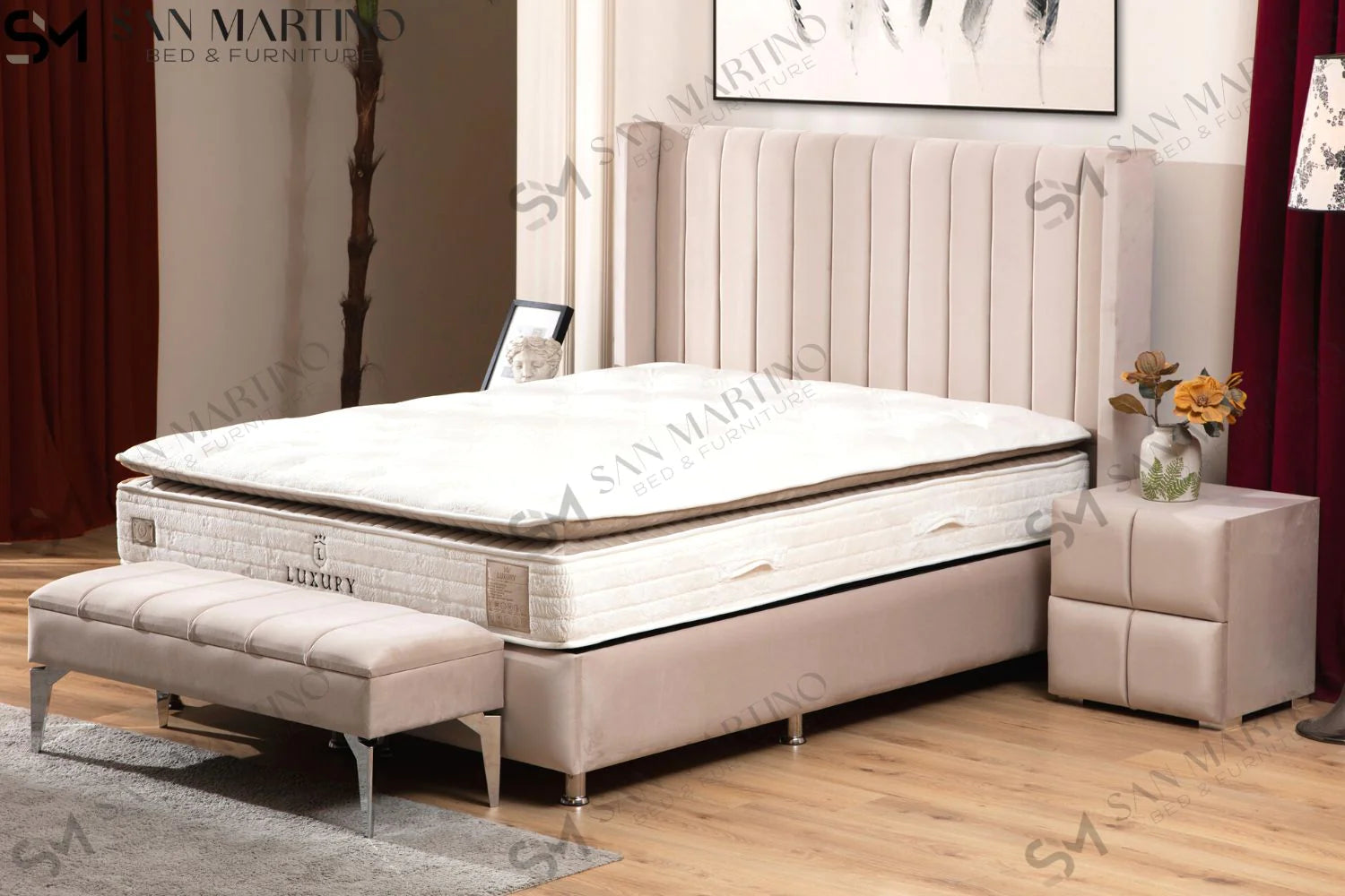 Lit double coffre en Velours – TOKYO BEIGE - Möbel Unique