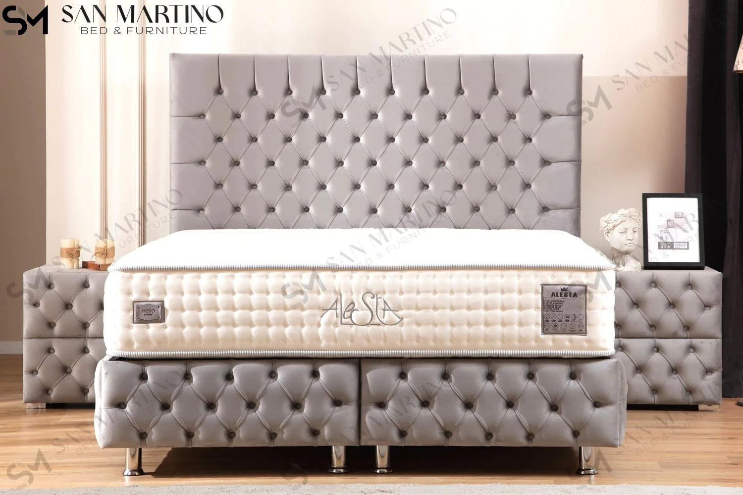 Lit double coffre en Velours – LAGOS GRIS - Möbel Unique