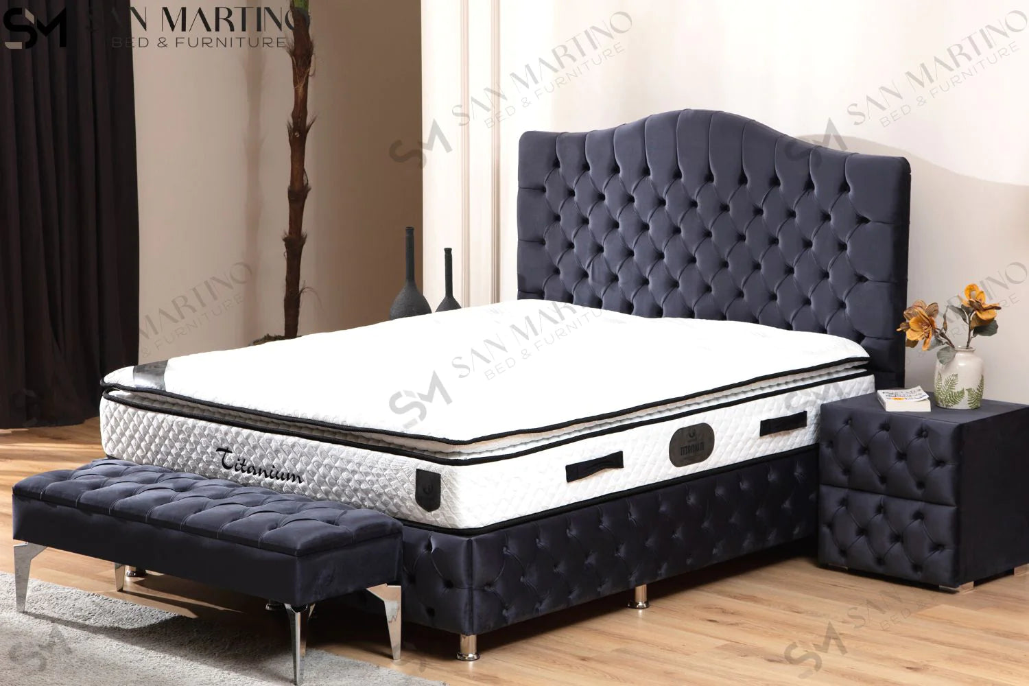 Lit double coffre en Velours – PARIS GRIS ANTHRACITE - Möbel Unique