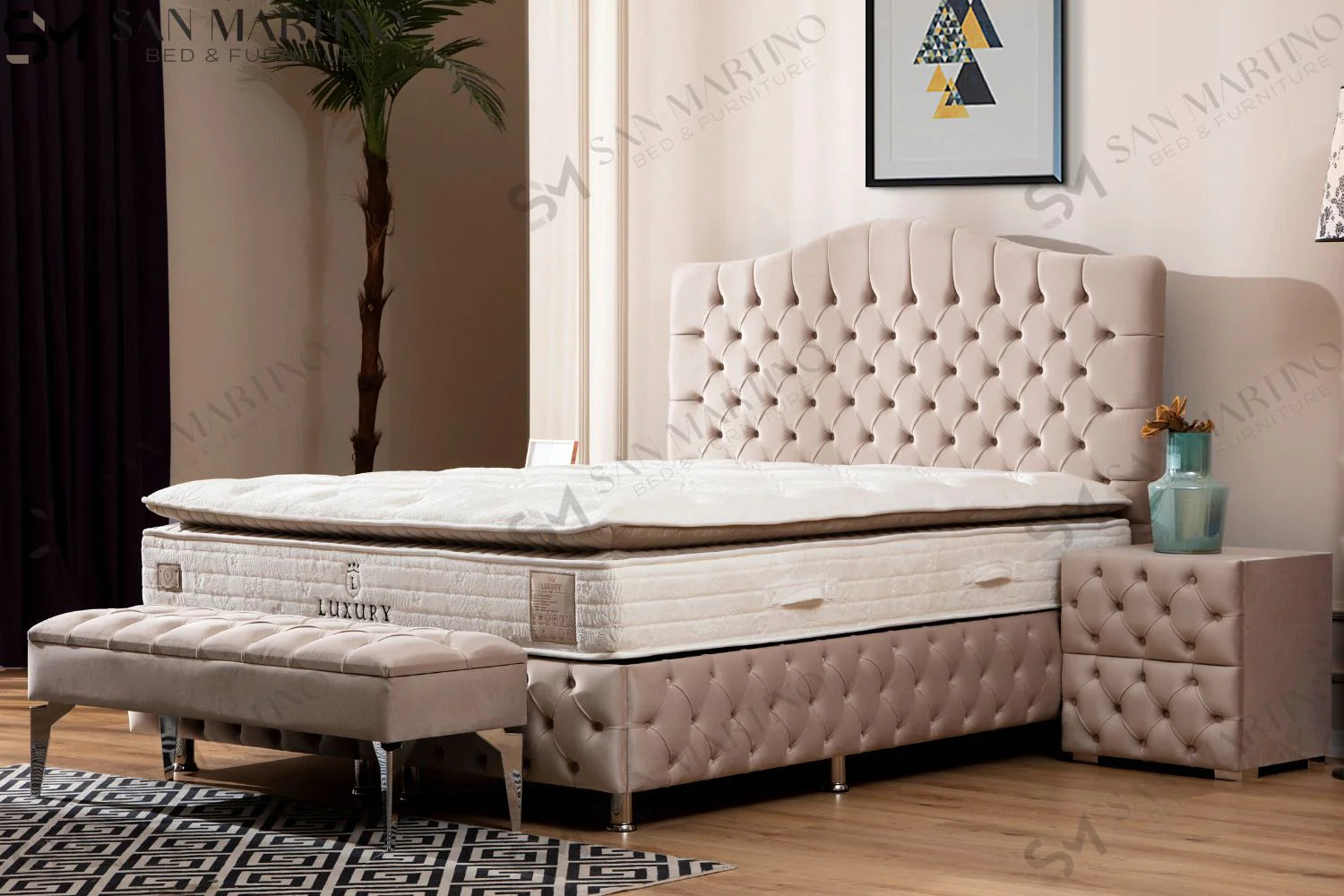 Lit double coffre en Velours – PARIS BEIGE - Möbel Unique
