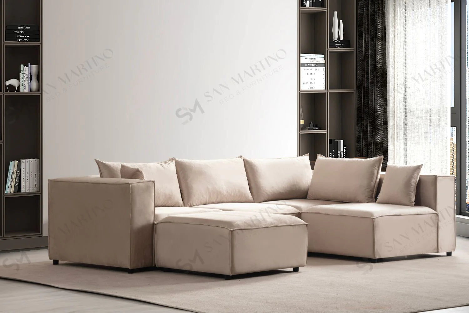 Canapé Modulable Elégance Velours Beige 4+1 Pouf - Möbel Unique