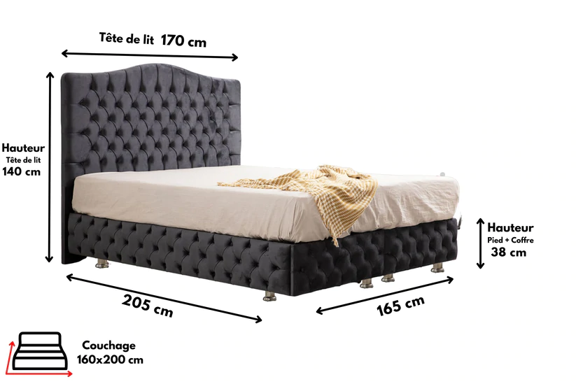 Lit double coffre en Velours – PARIS GRIS ANTHRACITE - Möbel Unique