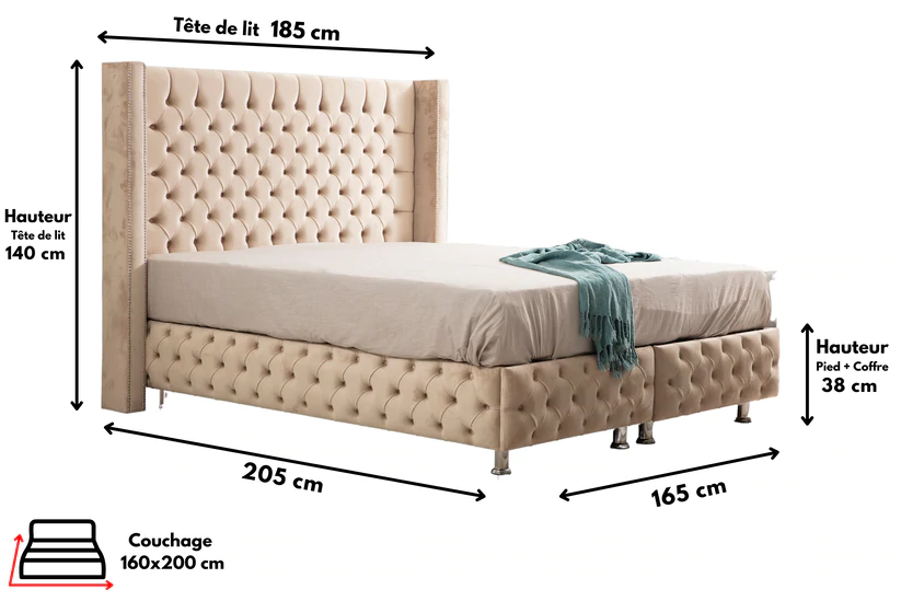 Lit double coffre en Velours – CLOUTÉ BEIGE - Möbel Unique