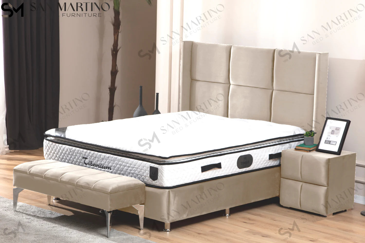 Lit double coffre en Velours – RIO BEIGE - Möbel Unique