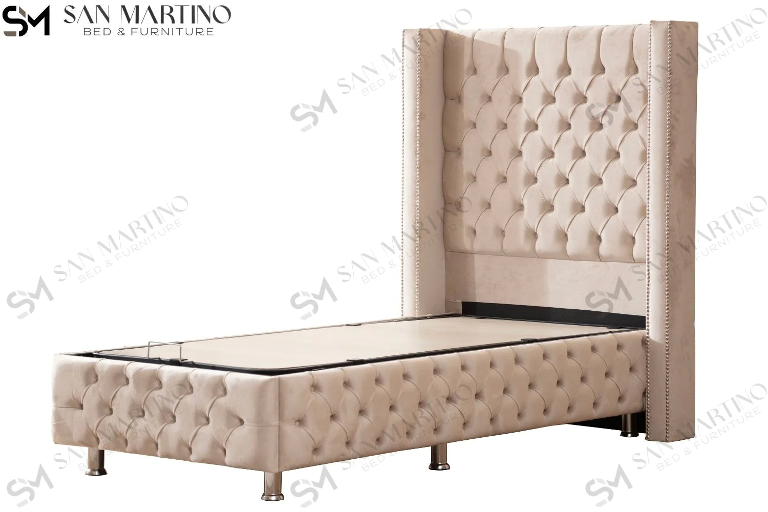 Lit double coffre en Velours – CLOUTÉ 1 PLACE BEIGE - Möbel Unique