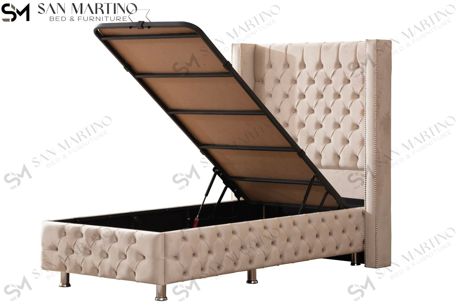 Lit double coffre en Velours – CLOUTÉ 1 PLACE BEIGE - Möbel Unique