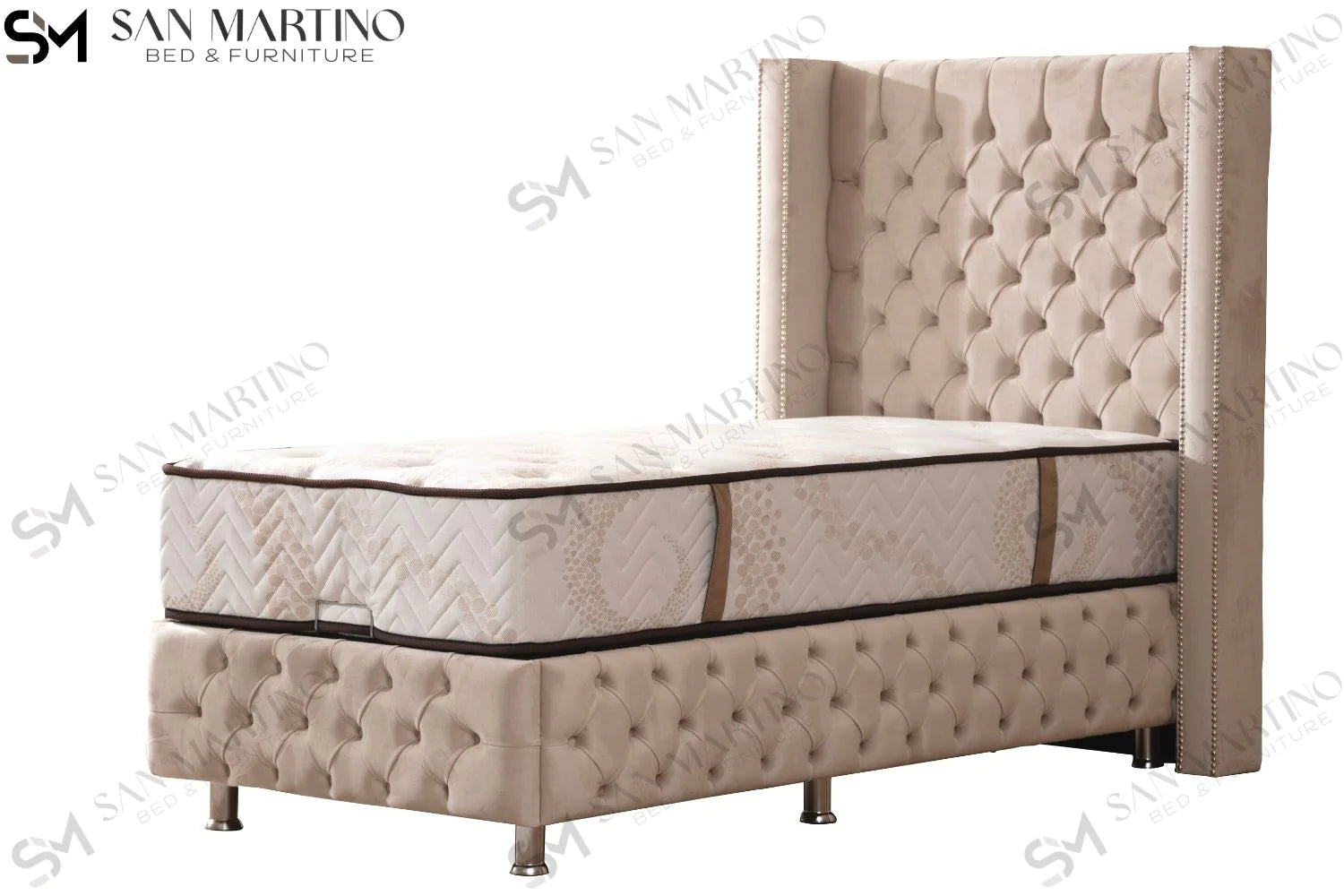 Lit double coffre en Velours – CLOUTÉ 1 PLACE BEIGE - Möbel Unique