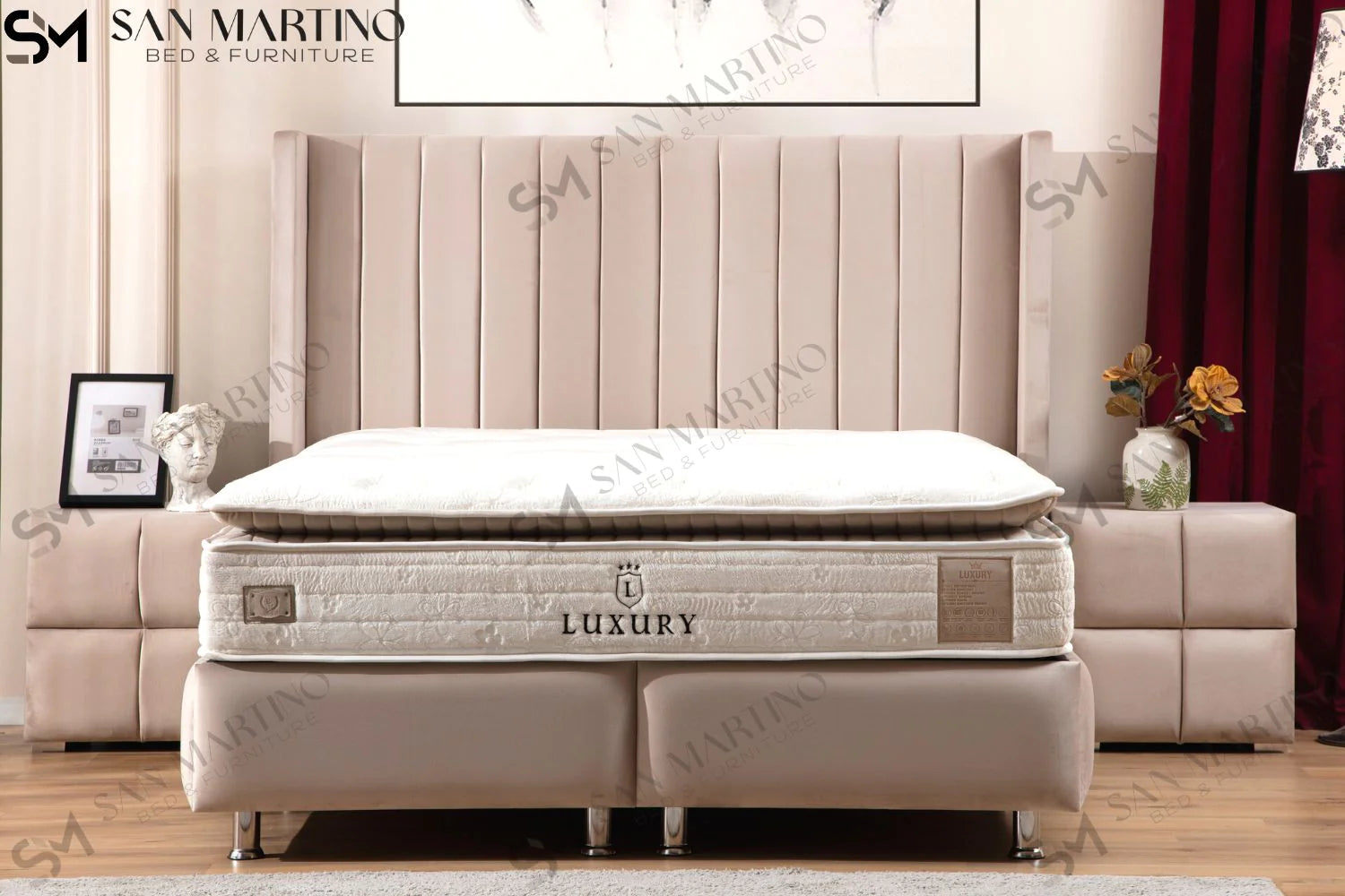 Lit double coffre en Velours – TOKYO BEIGE - Möbel Unique