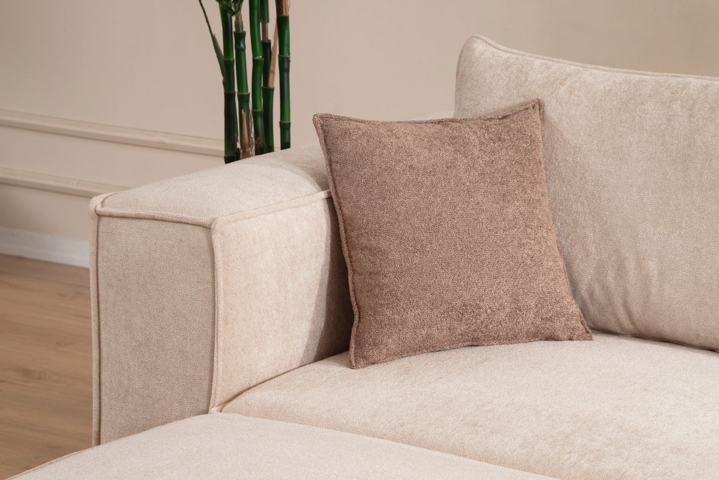 Canapé Modulable Elégance Velours Beige 4+1 Pouf - Möbel Unique