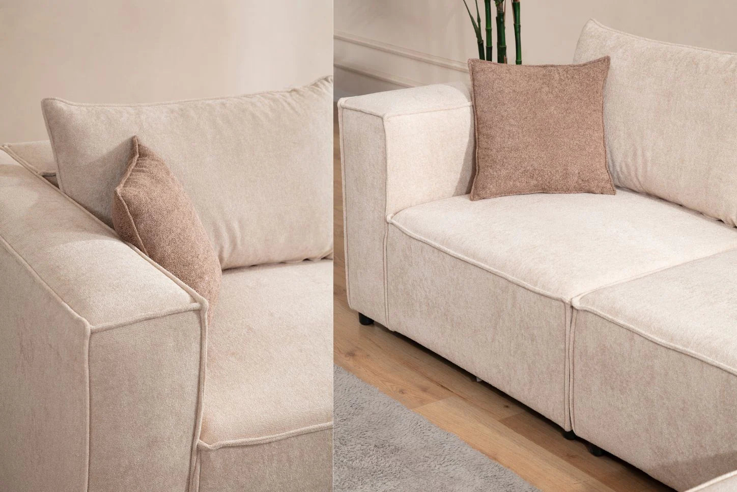 Canapé Modulable Elégance Velours Beige 4+1 Pouf - Möbel Unique