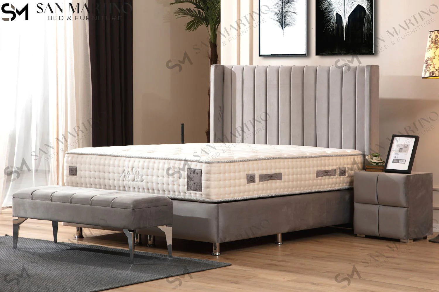 Lit double coffre en Velours – TOKYO GRIS - Möbel Unique