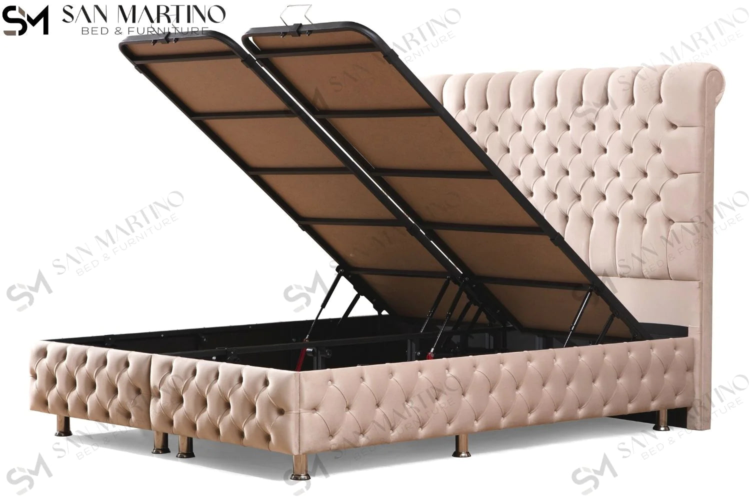 Lit double coffre en Velours – LUNA BEIGE - Möbel Unique