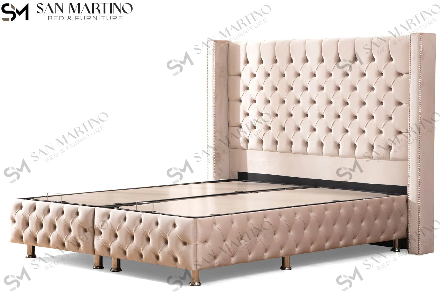 Lit double coffre en Velours – CLOUTÉ BEIGE - Möbel Unique