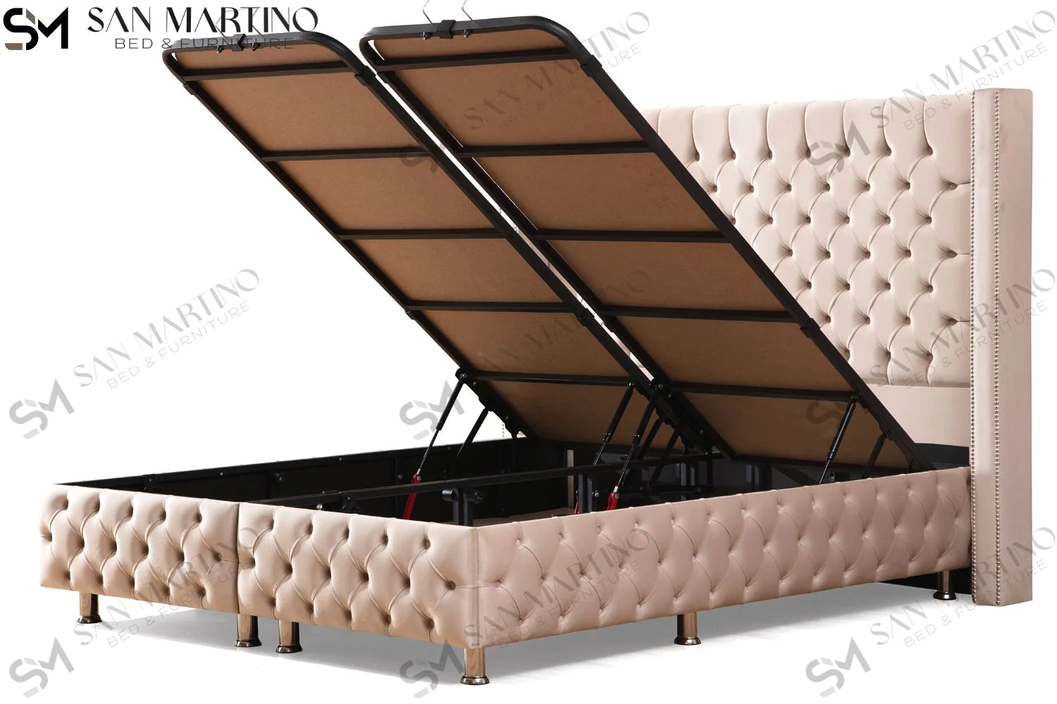 Lit double coffre en Velours – CLOUTÉ BEIGE - Möbel Unique