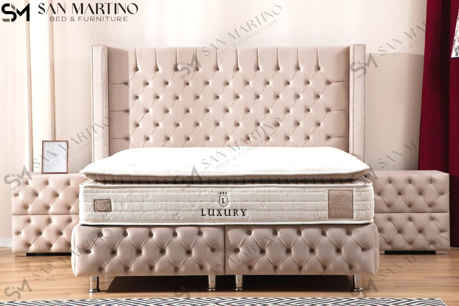 Lit double coffre en Velours – CLOUTÉ BEIGE - Möbel Unique
