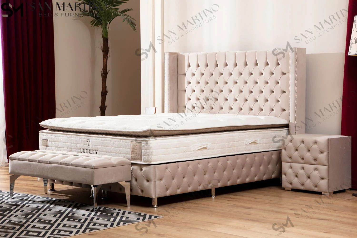 Lit double coffre en Velours – CLOUTÉ BEIGE - Möbel Unique