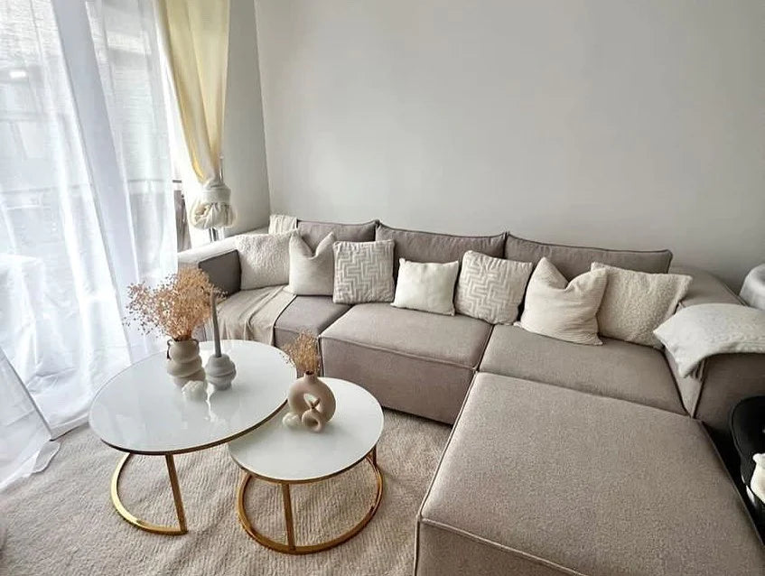 Canapé Modulable Elégance Velours Beige 4+1 Pouf - Möbel Unique