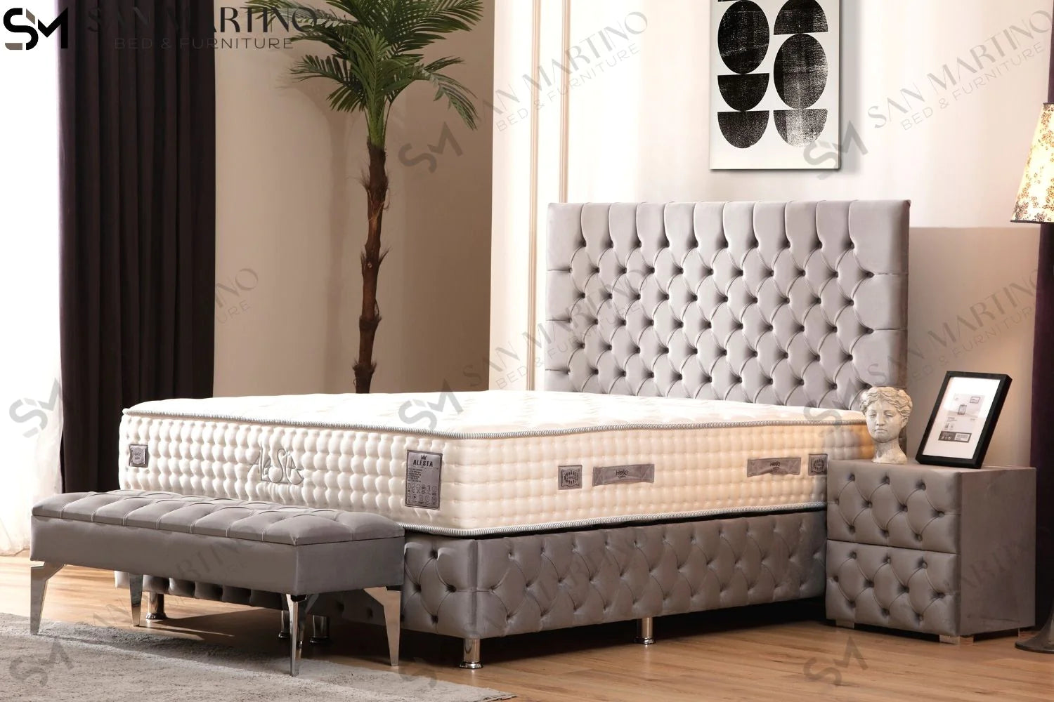 Lit double coffre en Velours – LAGOS GRIS - Möbel Unique