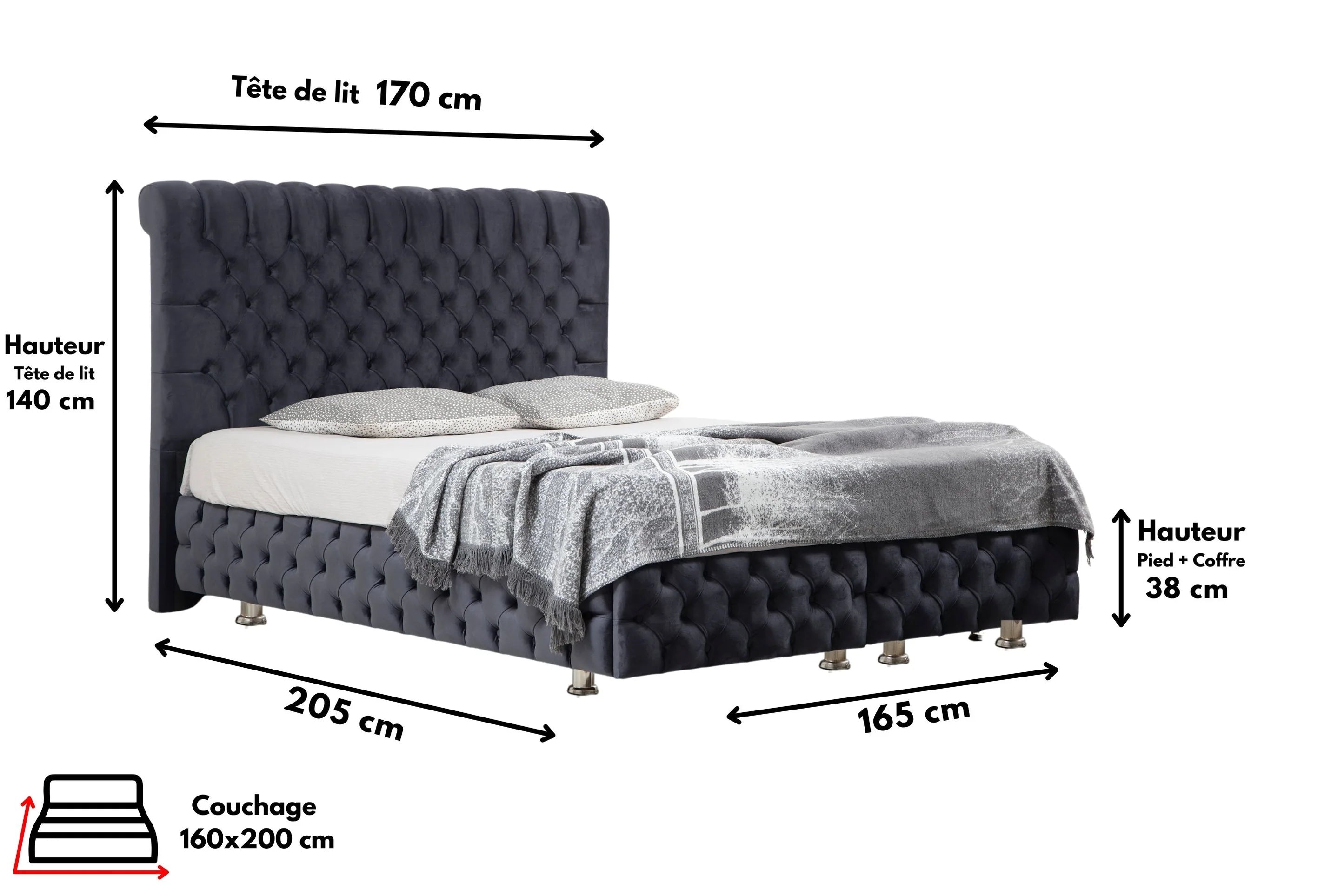 Lit double coffre en Velours – LUNA GRIS ANTHRACITE V-29 - Möbel Unique