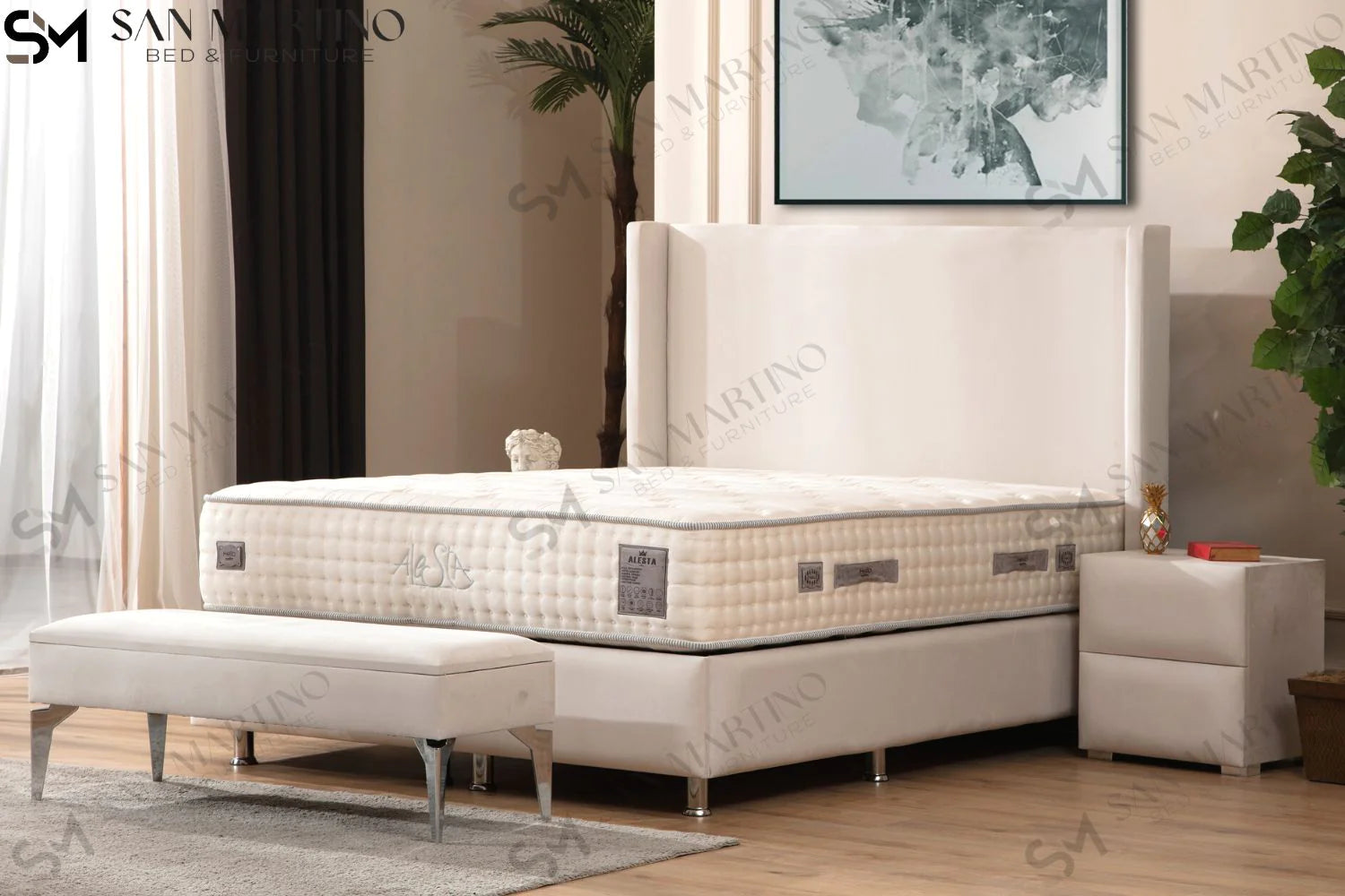 Lit double coffre en Velours – COCO BLANC CASSÉ - Möbel Unique