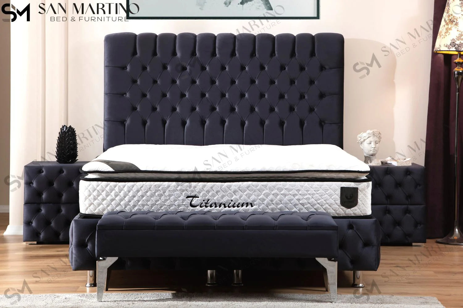 Lit double coffre en Velours – LUNA GRIS ANTHRACITE V-29 - Möbel Unique