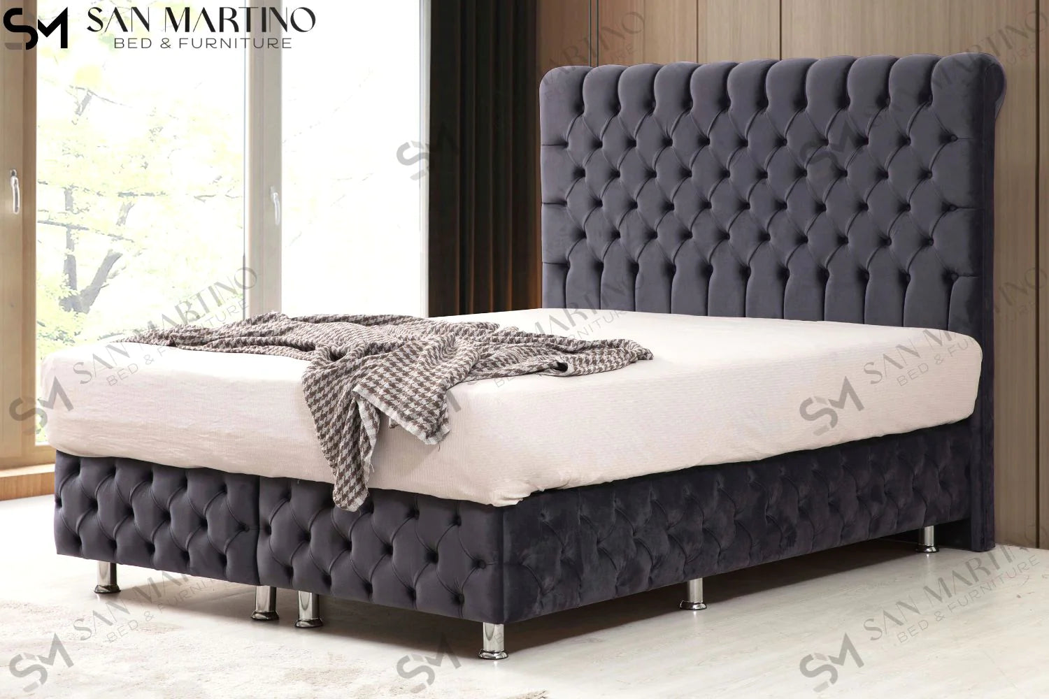 Lit double coffre en Velours – LUNA GRIS ANTHRACITE V-29 - Möbel Unique
