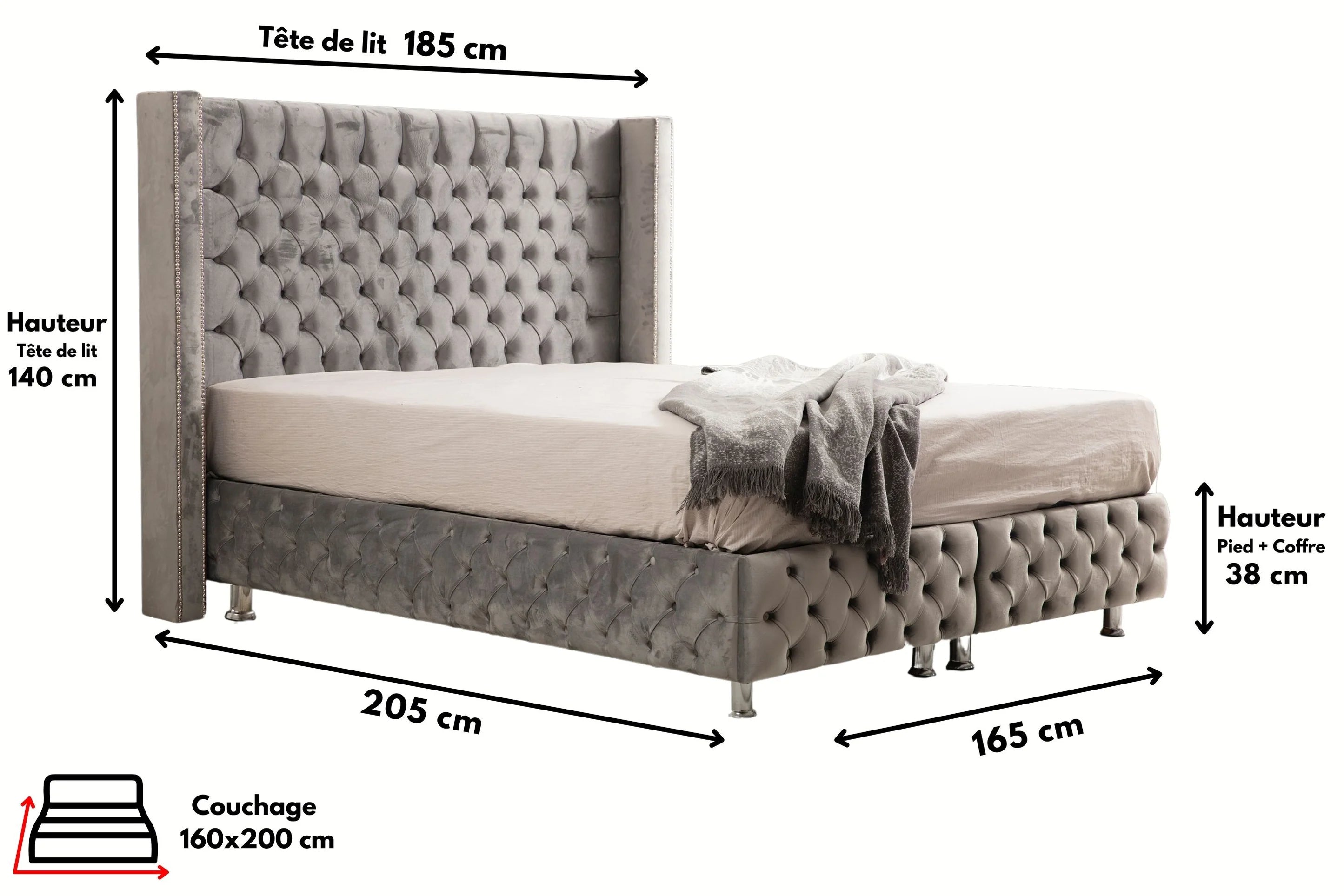 Lit double coffre en Velours – COFFRE GRIS - Möbel Unique