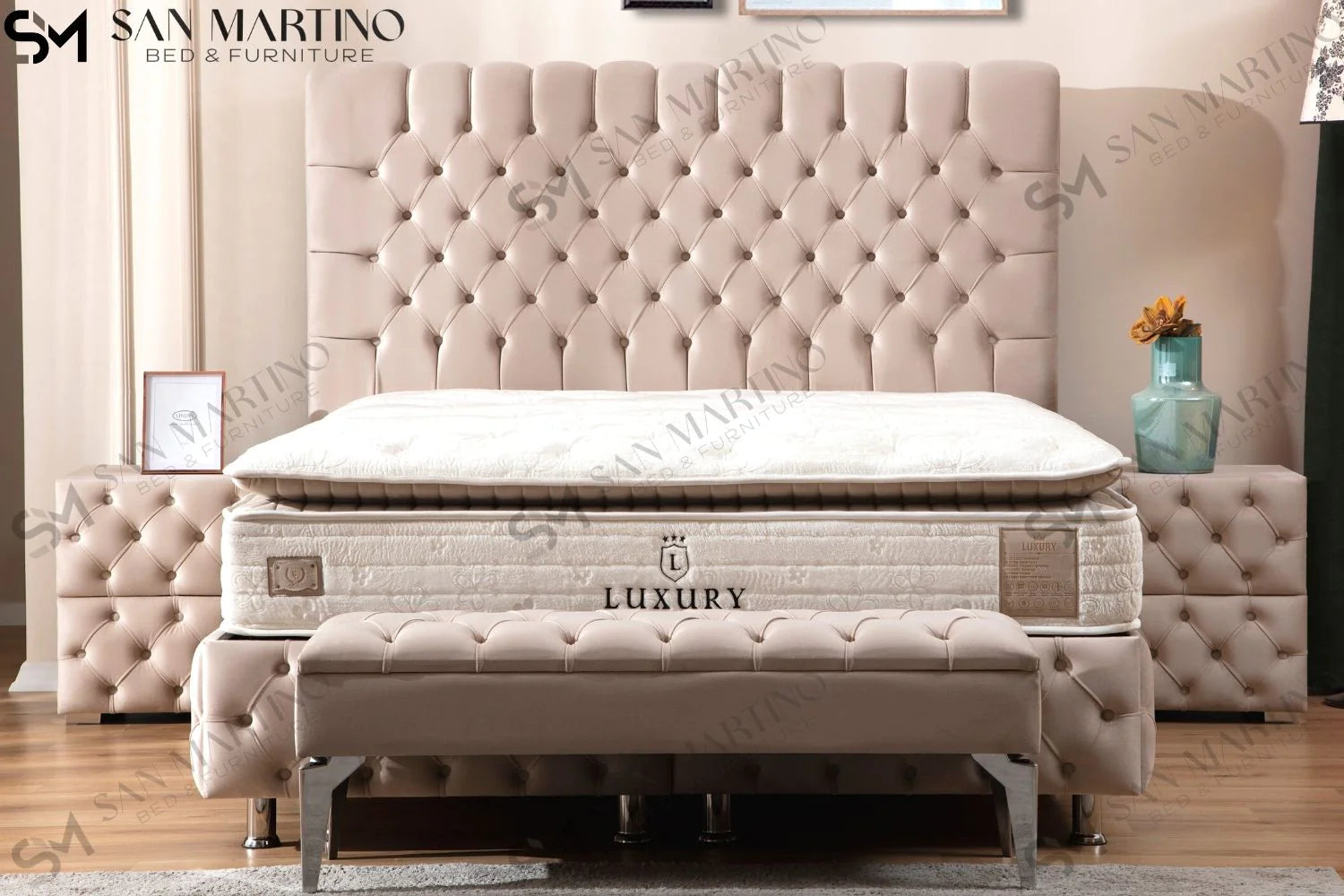 Lit double coffre en Velours – LUNA BEIGE - Möbel Unique