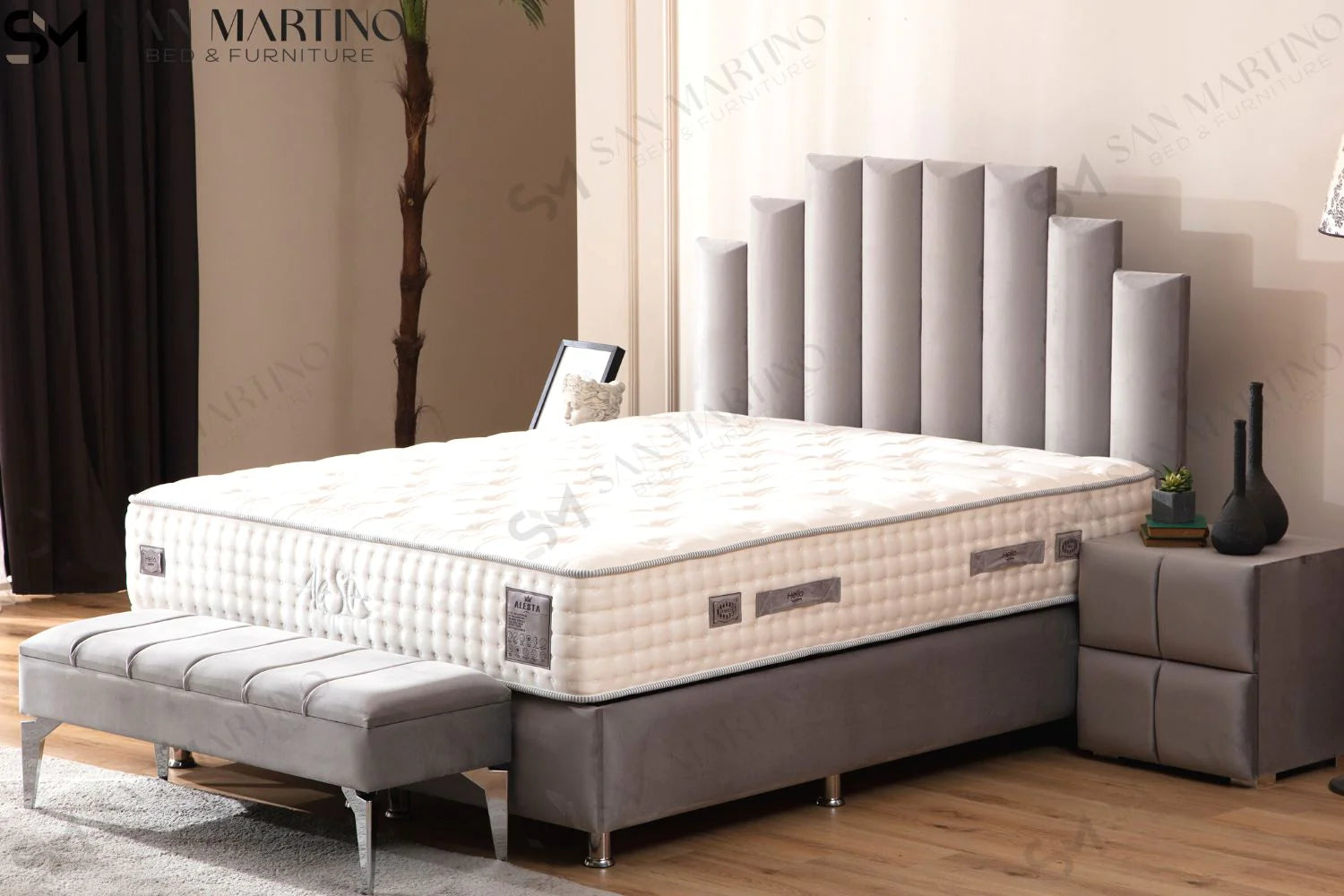 Lit double coffre en Velours – NATURA GRIS - Möbel Unique