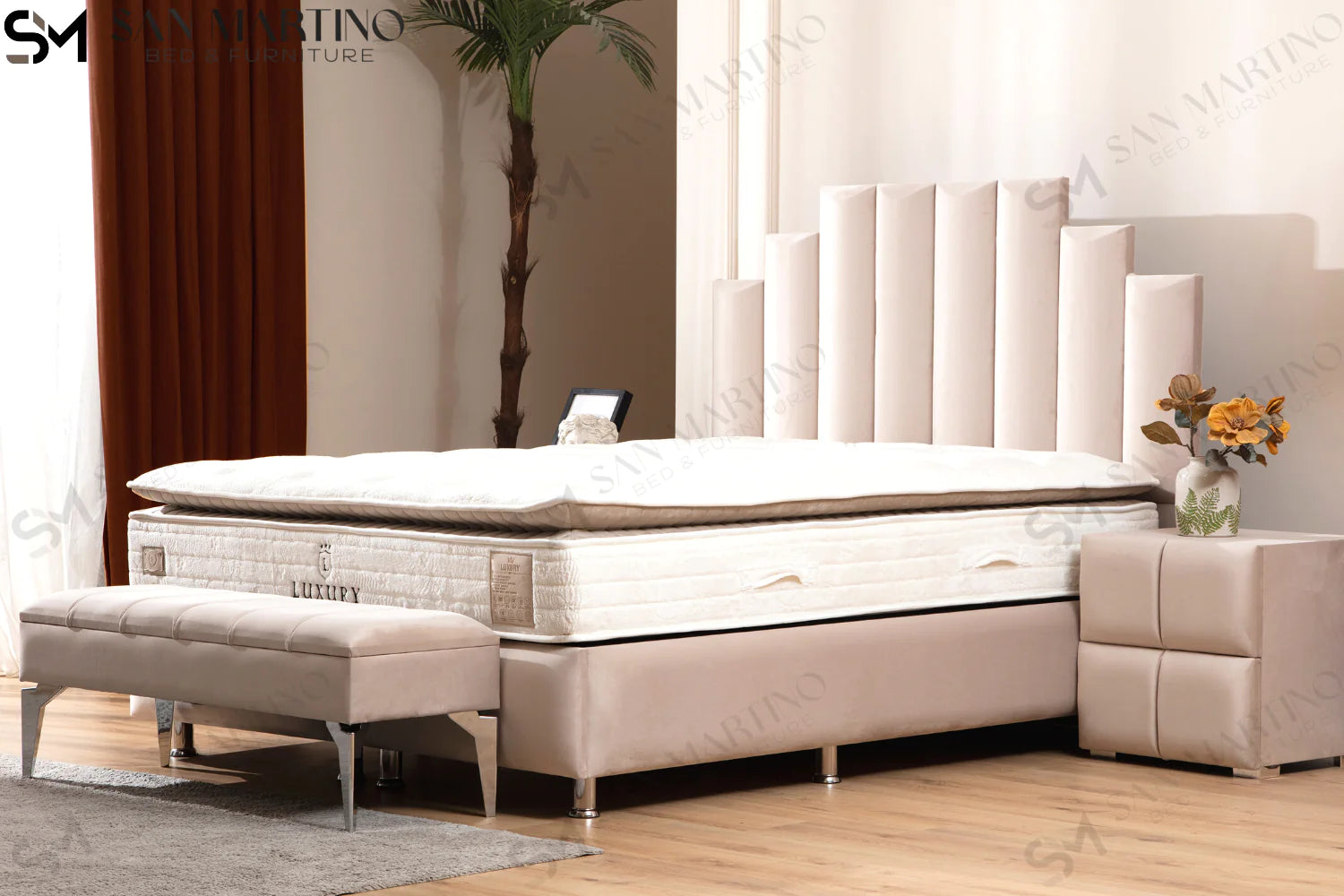Lit double coffre en Velours – NATURA BEIGE - Möbel Unique