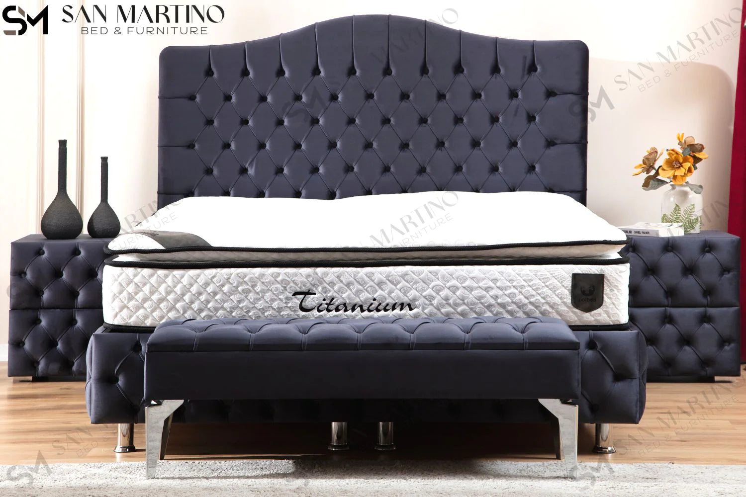 Lit double coffre en Velours – PARIS GRIS ANTHRACITE - Möbel Unique