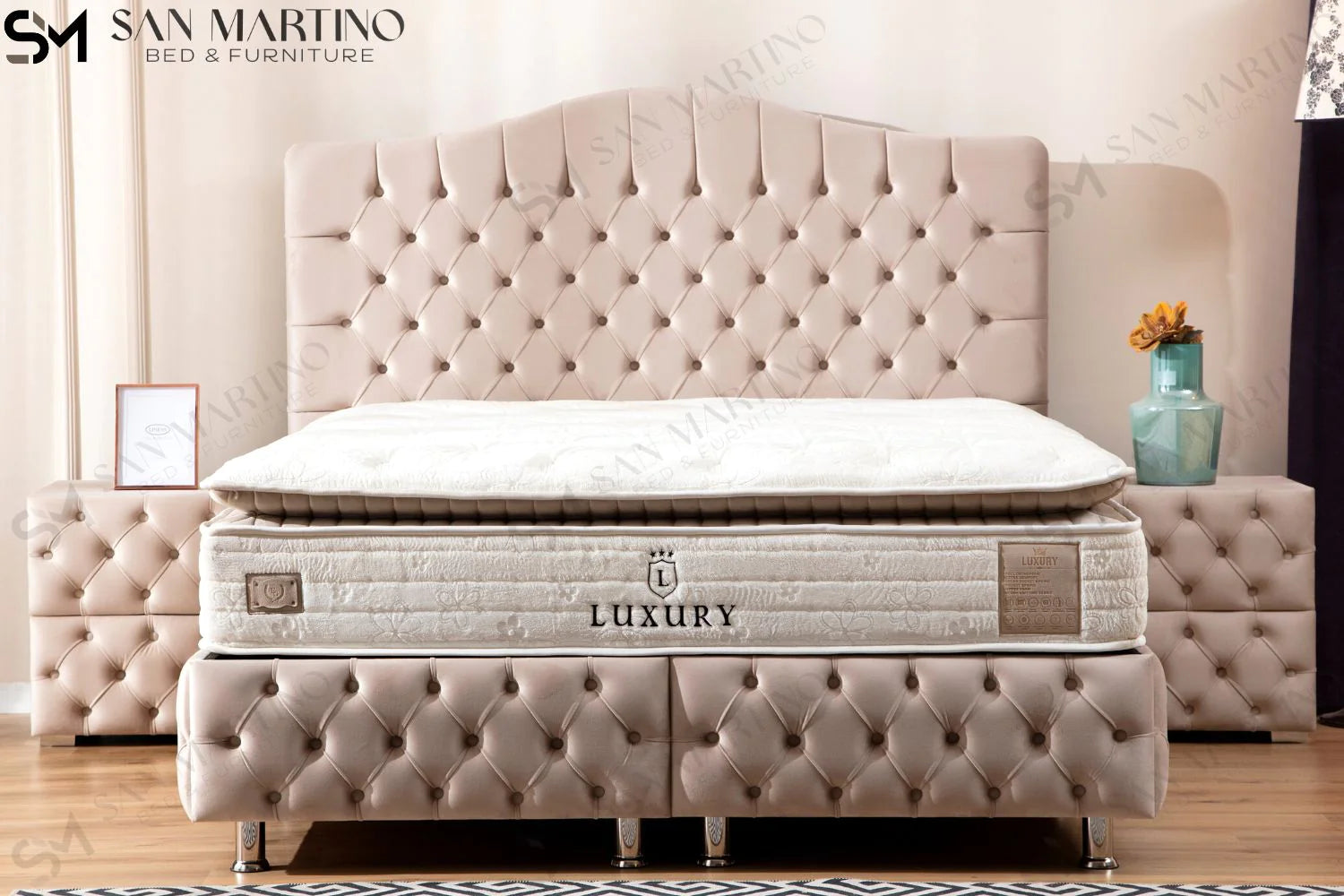 Lit double coffre en Velours – PARIS BEIGE - Möbel Unique