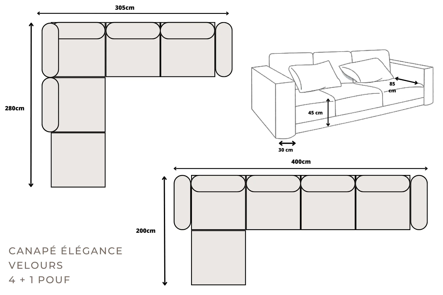Canapé Modulable Elégance Velours Beige 4+1 Pouf - Möbel Unique