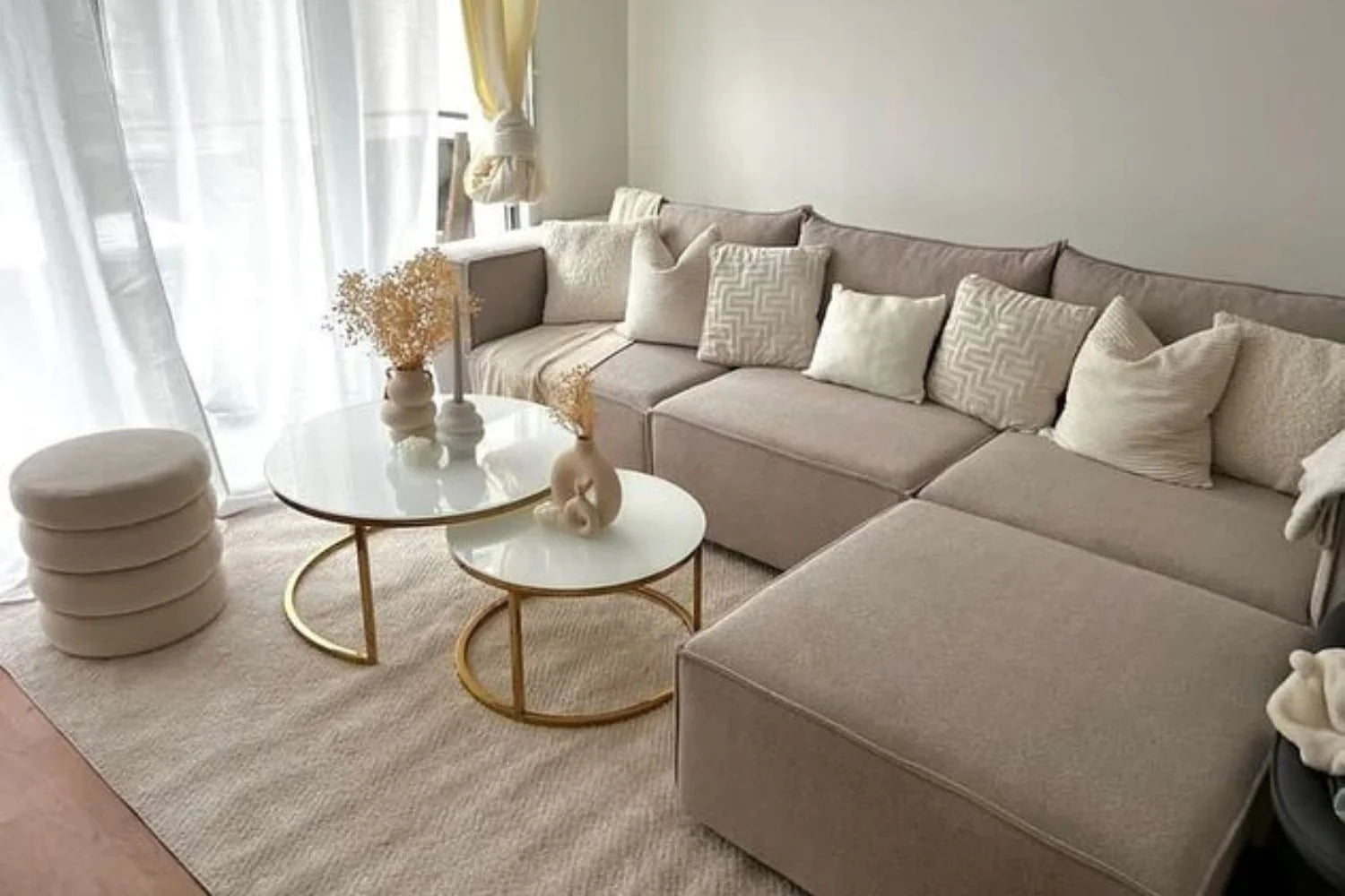 Canapé Modulable Elégance Velours Beige 4+1 Pouf - Möbel Unique