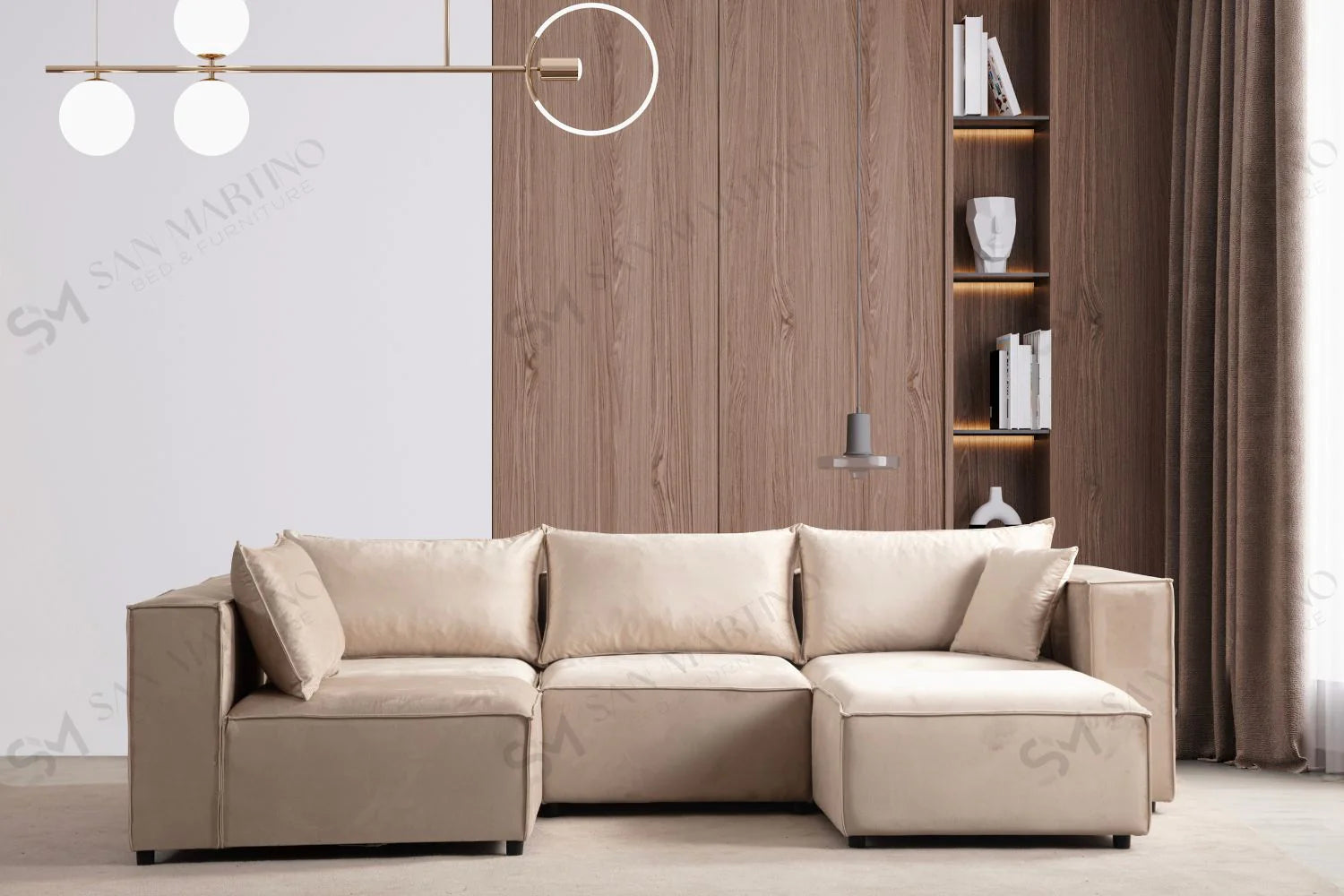 Canapé Modulable Elégance Velours Beige 4+1 Pouf - Möbel Unique