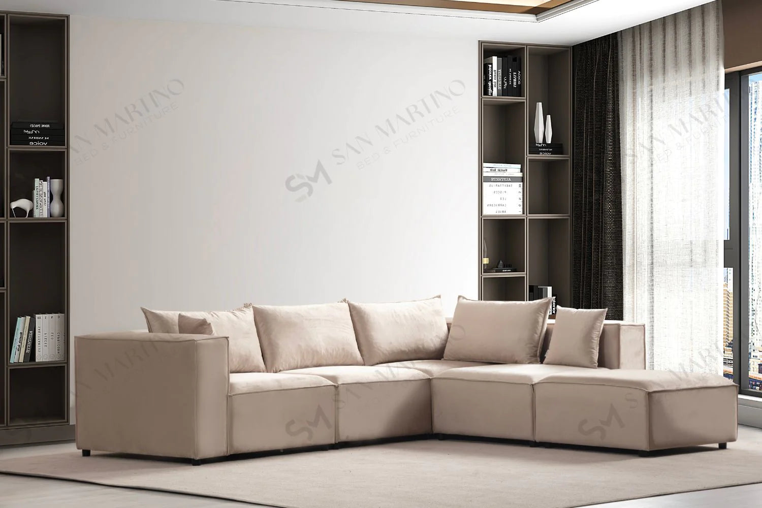 Canapé Modulable Elégance Velours Beige 4+1 Pouf - Möbel Unique