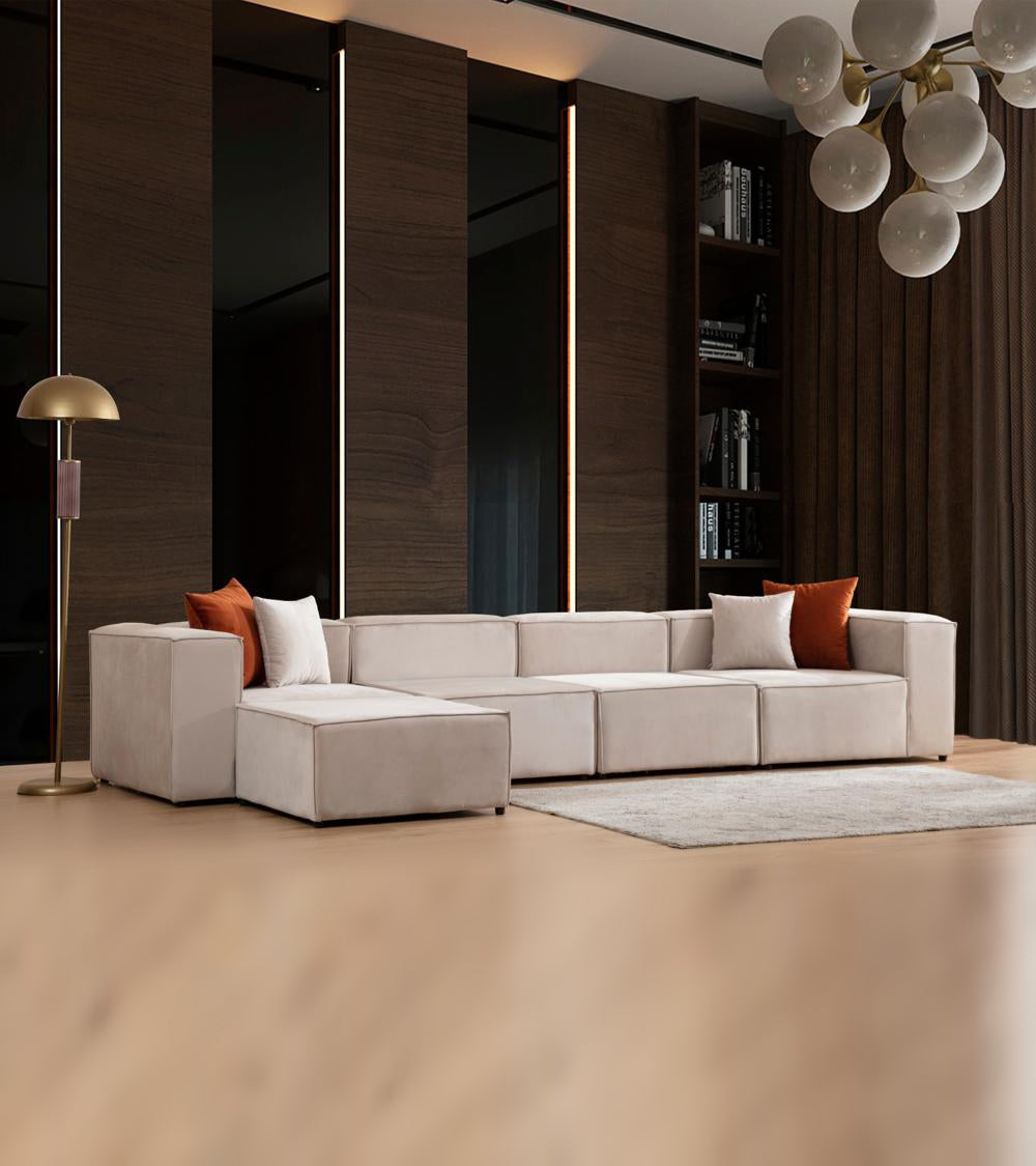 Canapé Modulable Elégance Velours Beige 4+1 Pouf - Möbel Unique