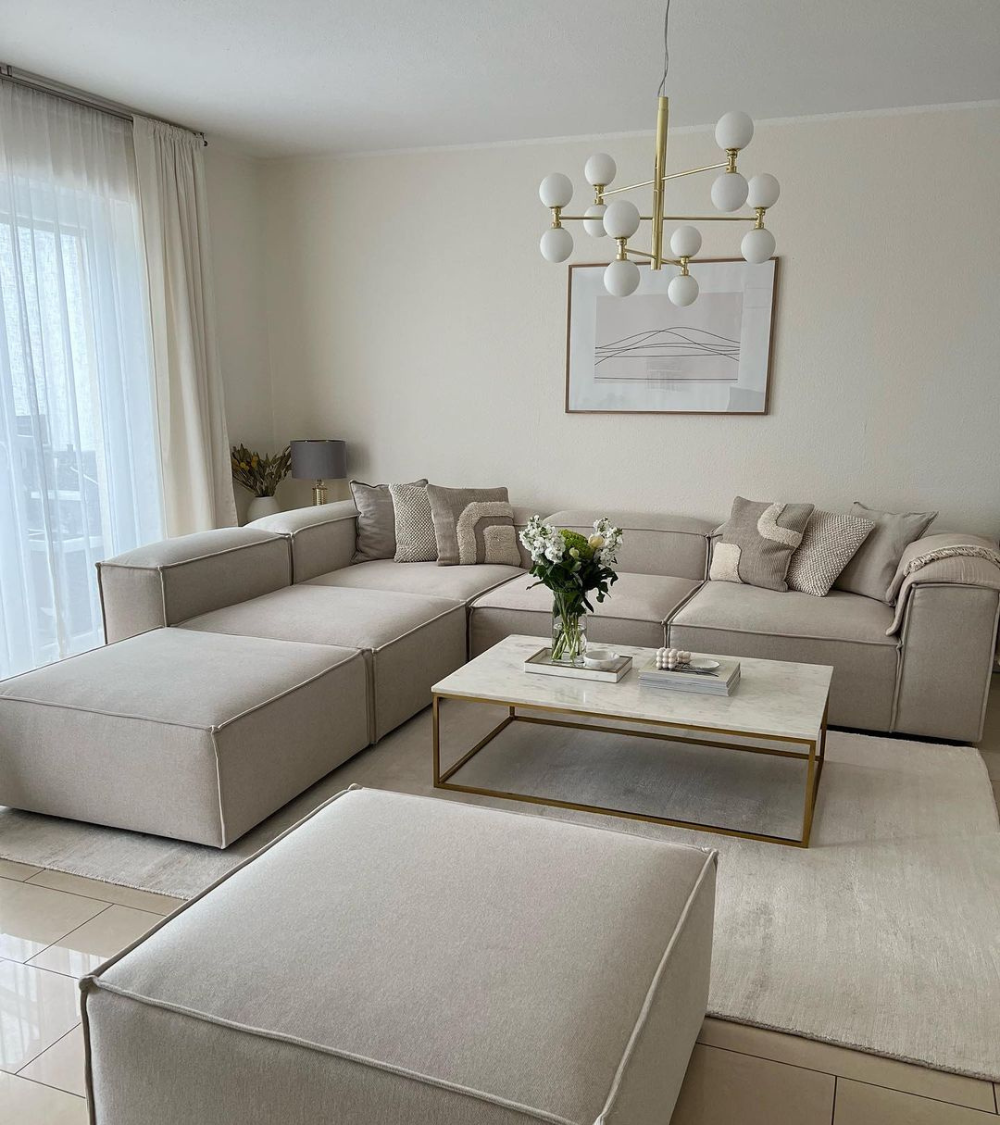 Canapé Modulable Elégance Velours Beige 4+1 Pouf - Möbel Unique