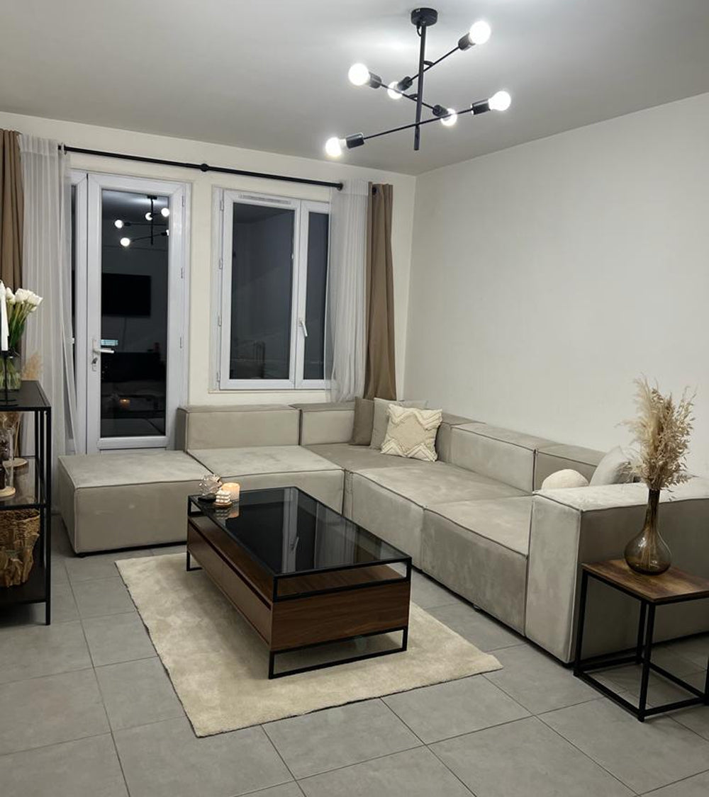 Canapé Modulable Elégance Velours Beige 4+1 Pouf - Möbel Unique