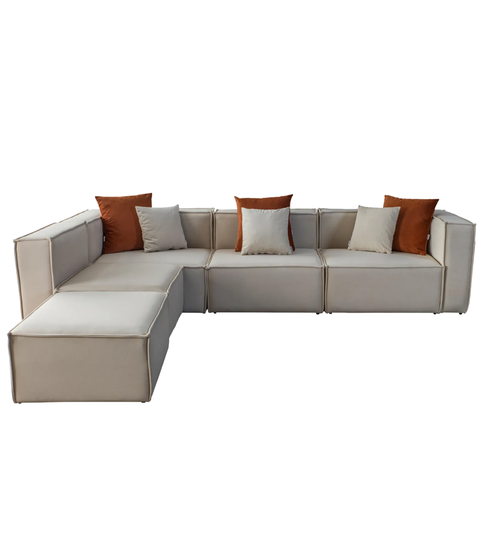 Canapé Modulable Elégance Velours Beige 4+1 Pouf - Möbel Unique