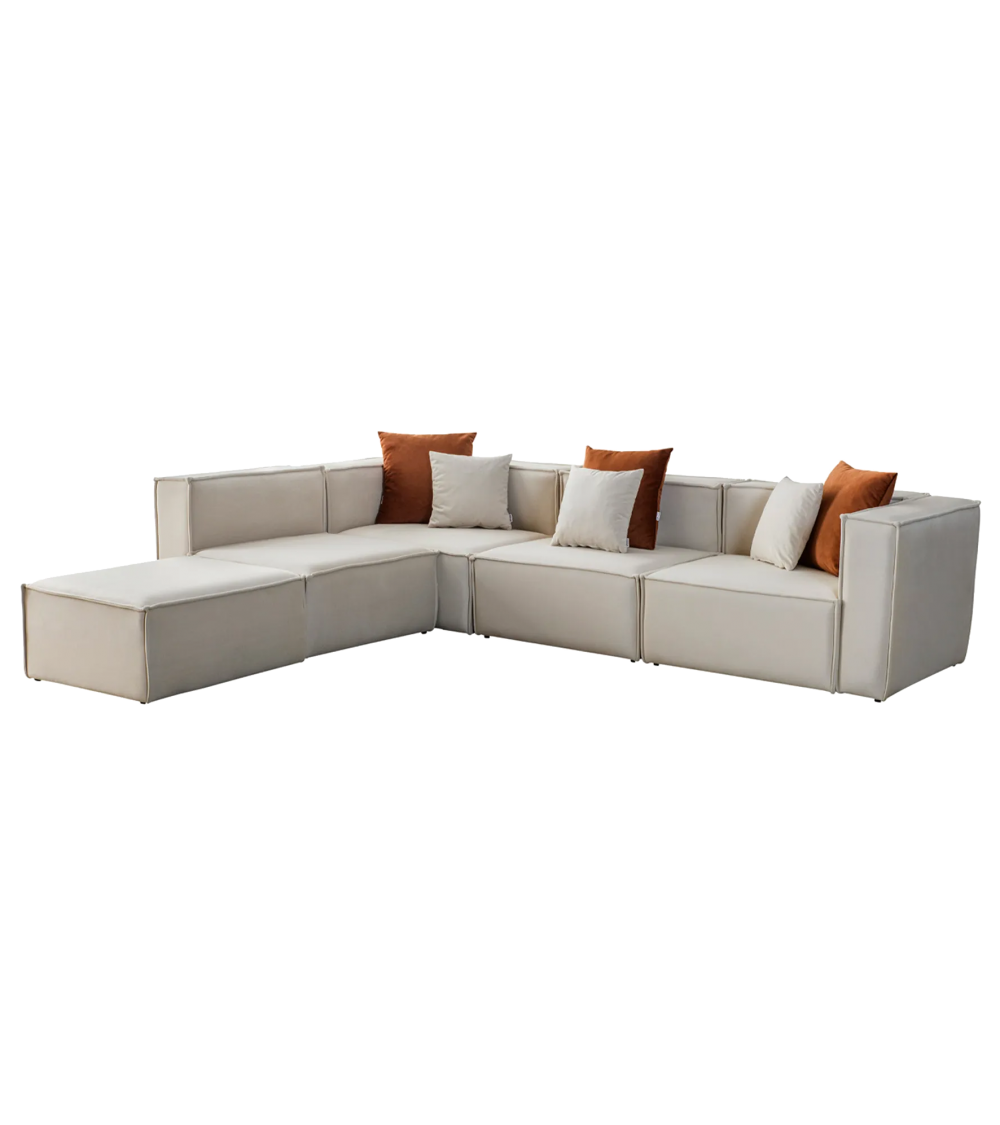 Canapé Modulable Elégance Velours Beige 4+1 Pouf - Möbel Unique